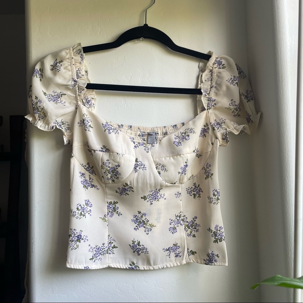 Floral Cream Blouse with Purple Accents